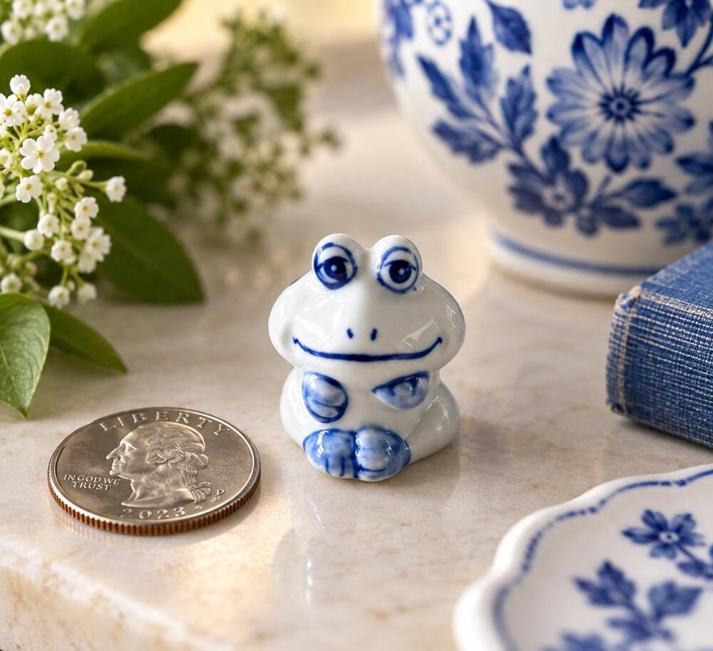Miniature Blue White Porcelain Frog Figurine, Delft Gzhel Style Trinket Decor